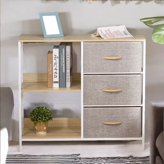 Pirlo Plush Beige Bedroom Chest with 3 Fabric Drawers and Shelves – 1