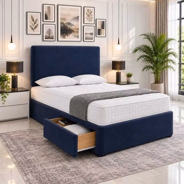 Velmora Blue Velvet Upholstered Divan Bed with Storage Drawers and Headboard
