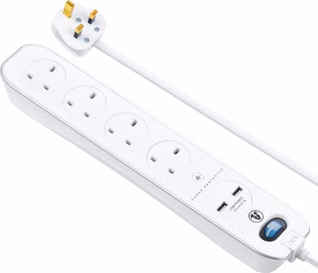 Masterplug 4 Socket Switched Surge Protected Extension Lead with USB, White