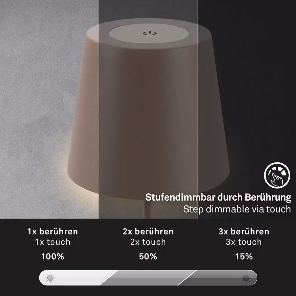 Briloner Umbrasand Rechargeable LED Table Lamp, IP44 Dimmable Touch Control Height Adjustable Lamp in Beige, H 36 x W 10.5 x D 10.5 cm – 4