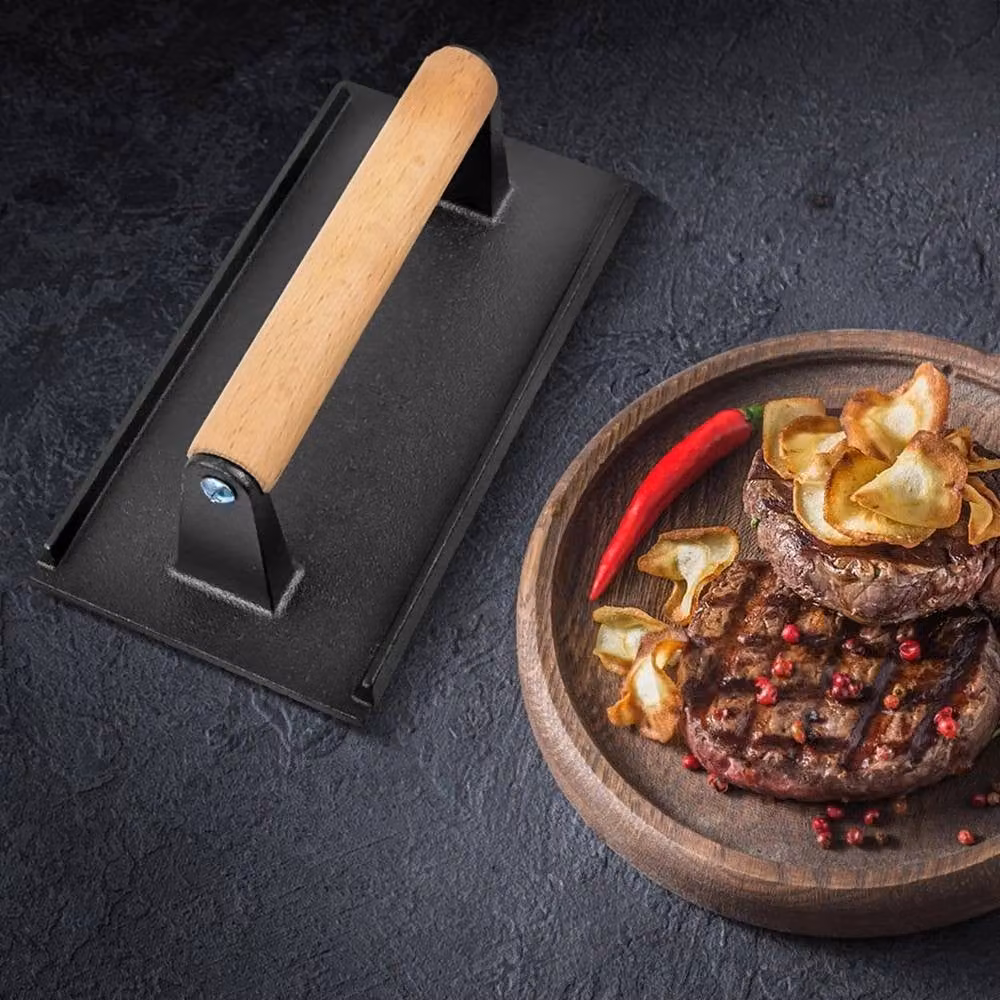 NESTLUNE Black Cast Iron and Wood Heat Resistant Burger and Steak Press – 4