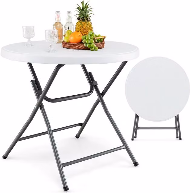 Costway Round Folding Plastic Dining and Coffee Table in White, Diameter: 81 cm – 1