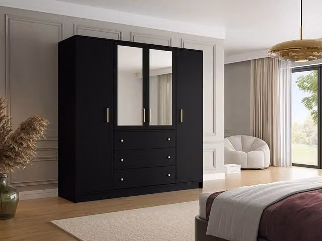 Vente-unique Modern Black and Gold Wardrobe with 4 Mirrored Doors, 3 Drawers and Soft-Close Hinges, W: 196 cm, H: 200 cm, D: 58 cm – 1