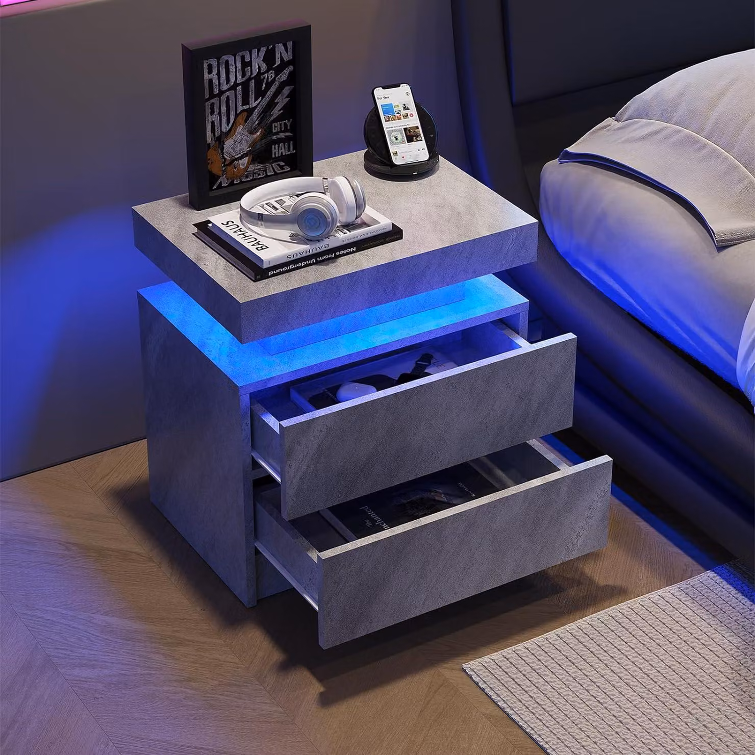 Aosom Modern Grey Bedside Table with 2 Drawers and Adjustable Integrated LED Lights, W: 35 cm, D: 49 cm, H: 52 cm – 5