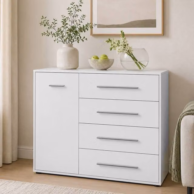 KDMD Juli Glossy White Chest of Drawers with 4 Drawers and 1 Door – 1