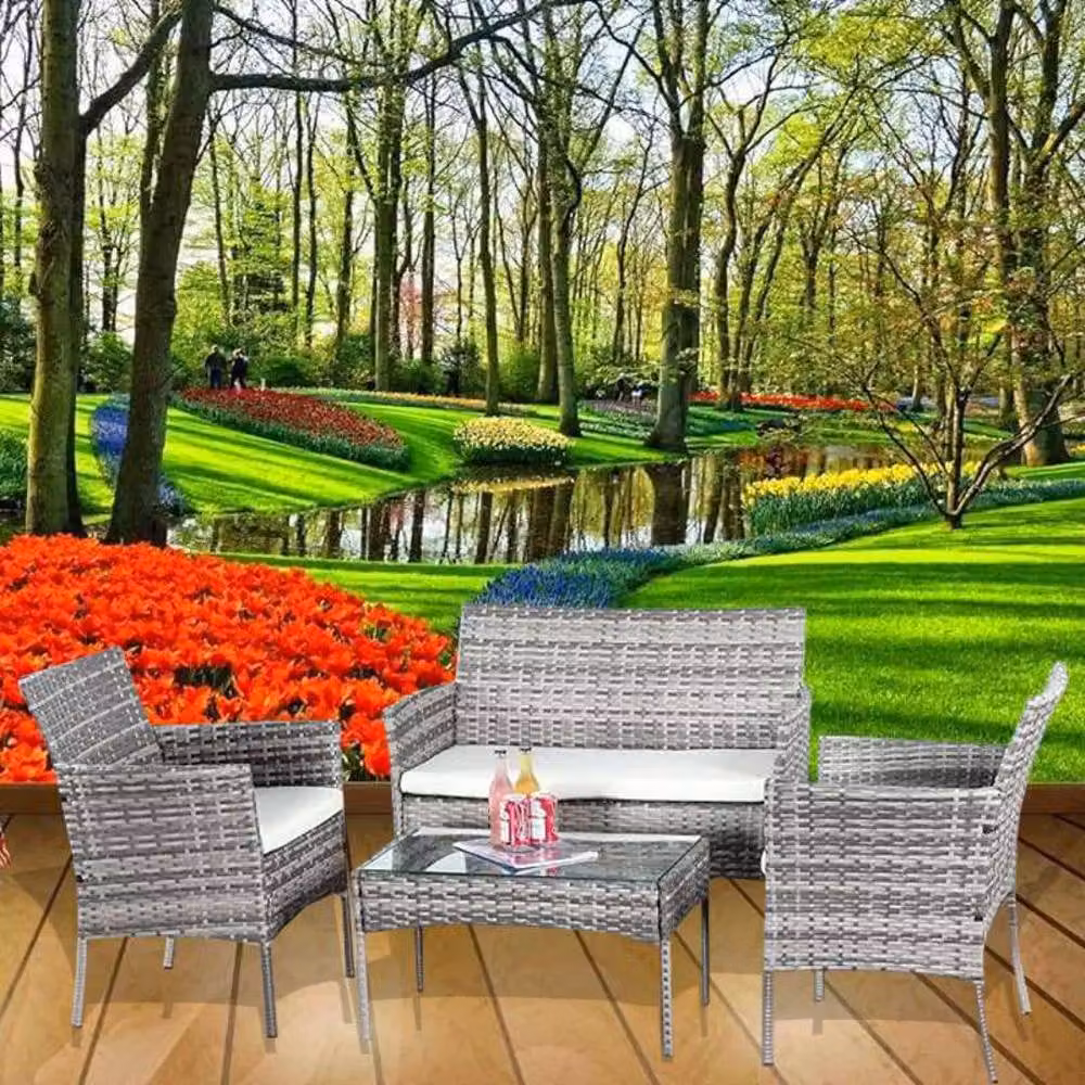 FLAVORA Grey Polyrattan Garden Furniture Set with Upholstered Lounge Armchair and Outdoor Coffee Table – 2