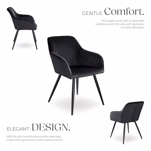 tectake Set of 2 Black Velvet Dining Chairs with Armrests and Metal Legs – 4