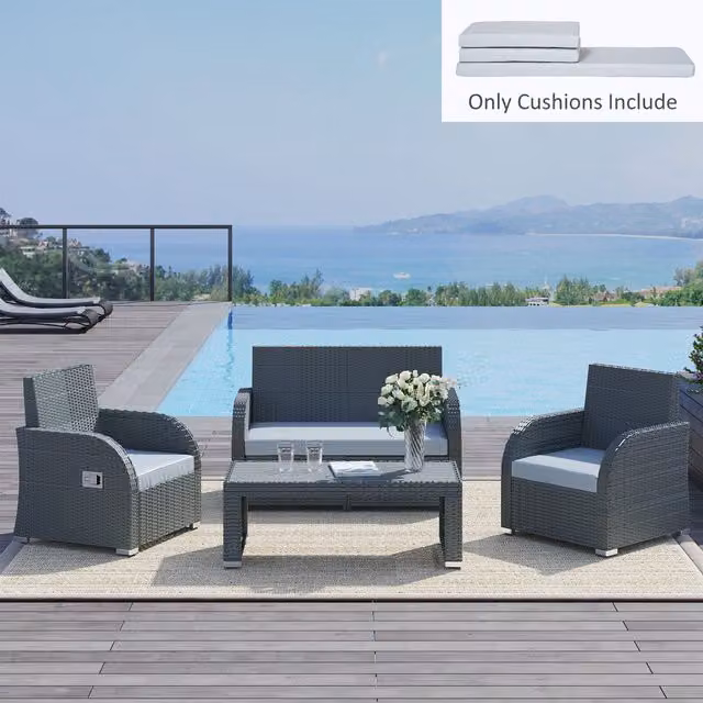 Outsunny 3 Piece Grey Polyester Outdoor Seat Cushions for Rattan Garden Furniture