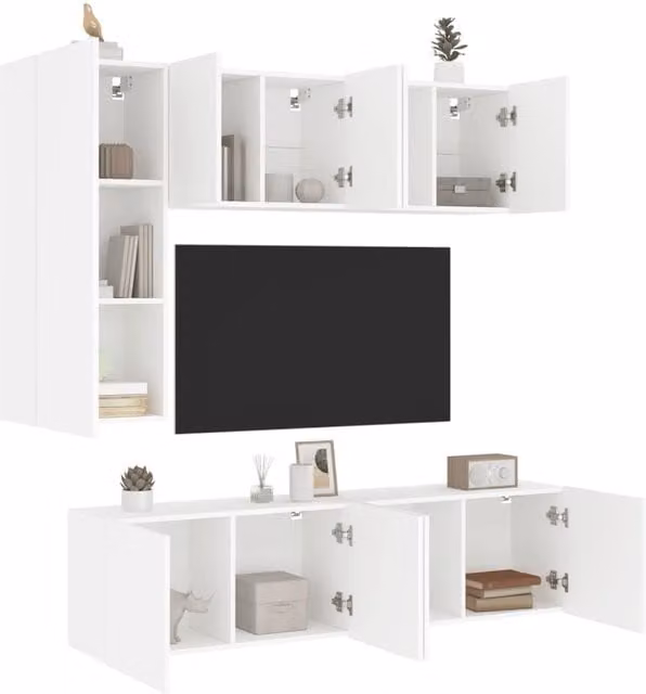 Berkfield Home 5 Piece Modern White Matt TV Wall Unit Set with Hinged Doors and Internal Shelves – 1