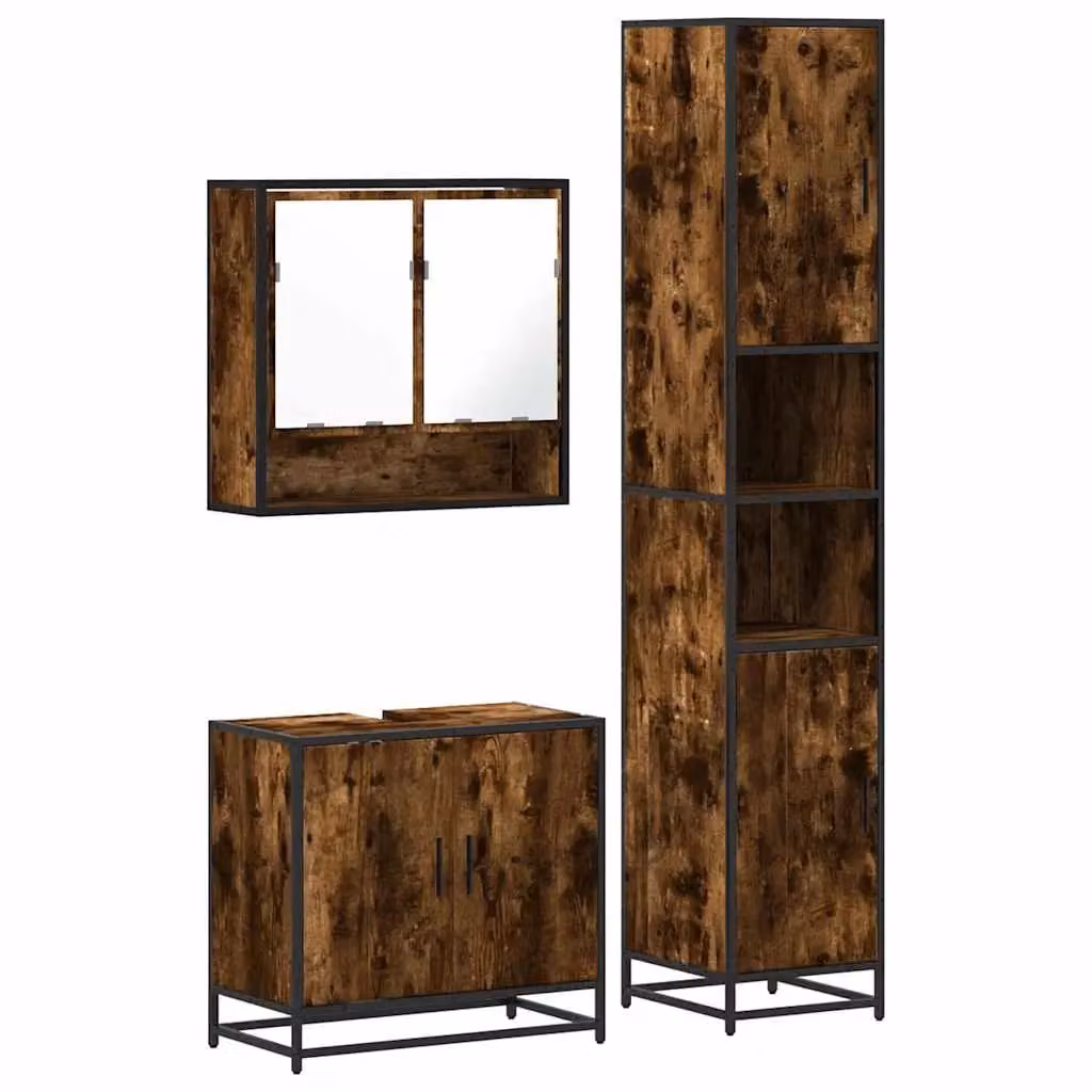 Berkfield Home 3 Piece Industrial Bathroom Furniture Set in Smoked Oak Brown – 1