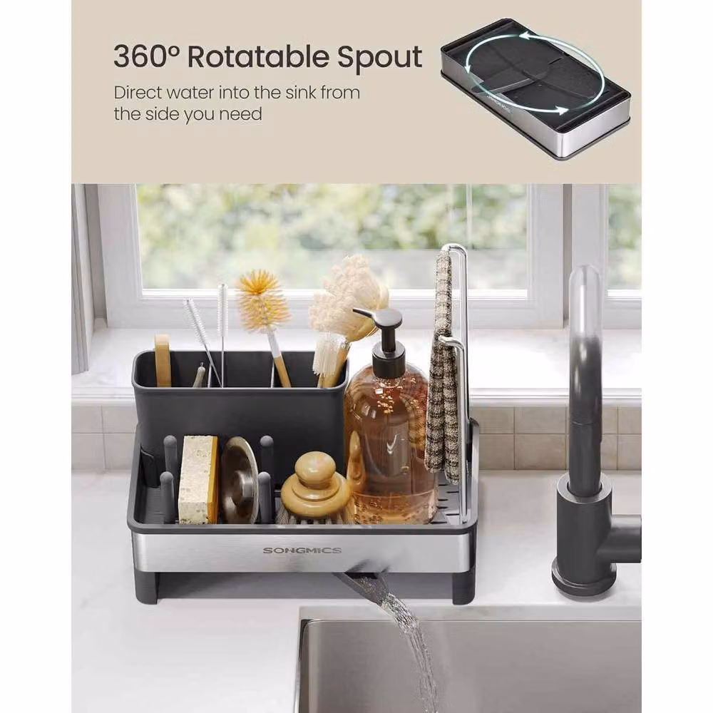 The Bazaarist Stainless Steel Freestanding Sink Tidies with Rotating Spout and Sponge Compartment, Black and Silver – 3