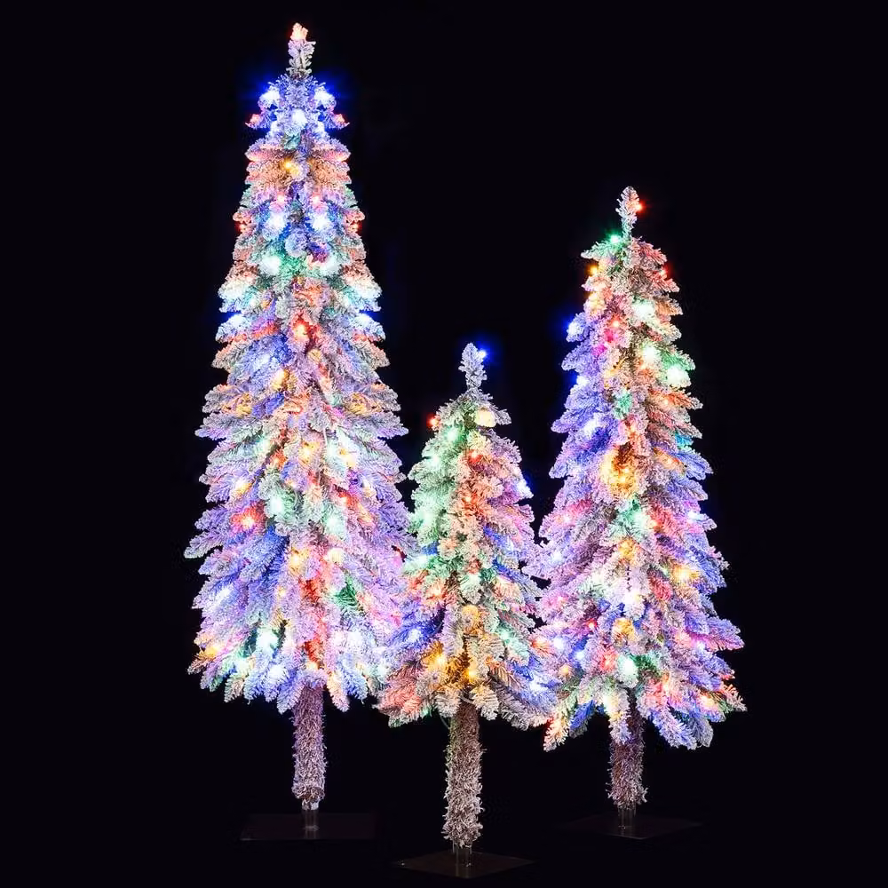 Gymax 3 Pack Pre-lit Flocked Artificial Christmas Tree Set in Green – 2