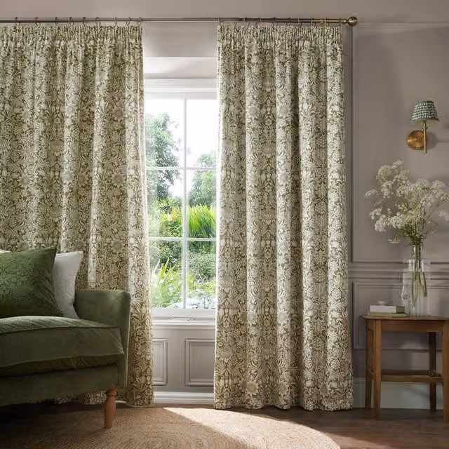 Outsunny Floral Art Nouveau Blackout Curtains in Green Cotton Fabric