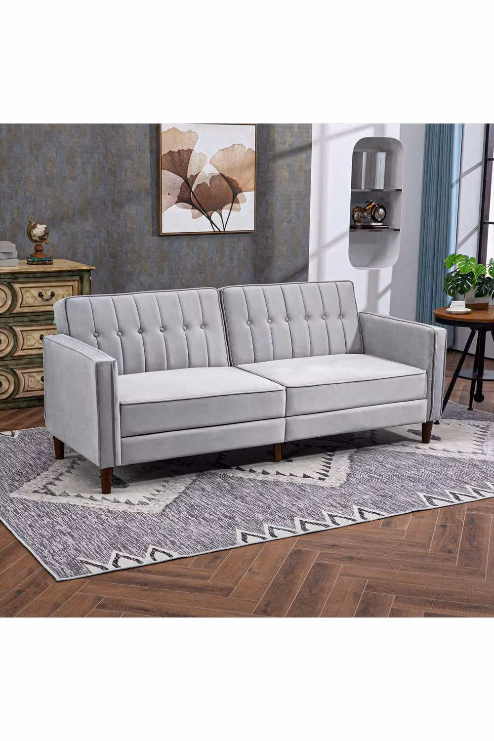 ERGOVEXA Convertible Click-Clack Sofa Bed in Grey Velvet with Spring Core, W/D/H: 189 x 78.5 x 80.5 cm – 2
