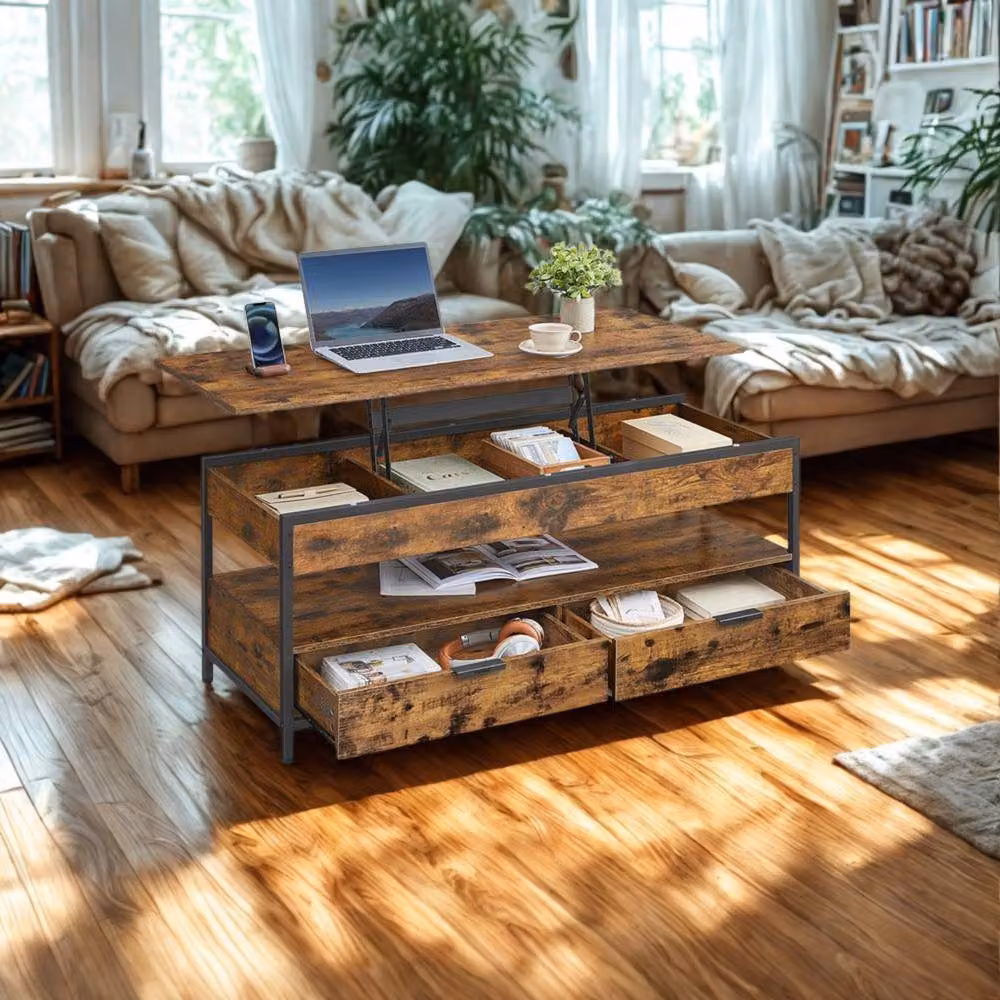 Pirlo Plush Industrial Lift Top Coffee Table with Drawers in Rustic Brown and Black – 4