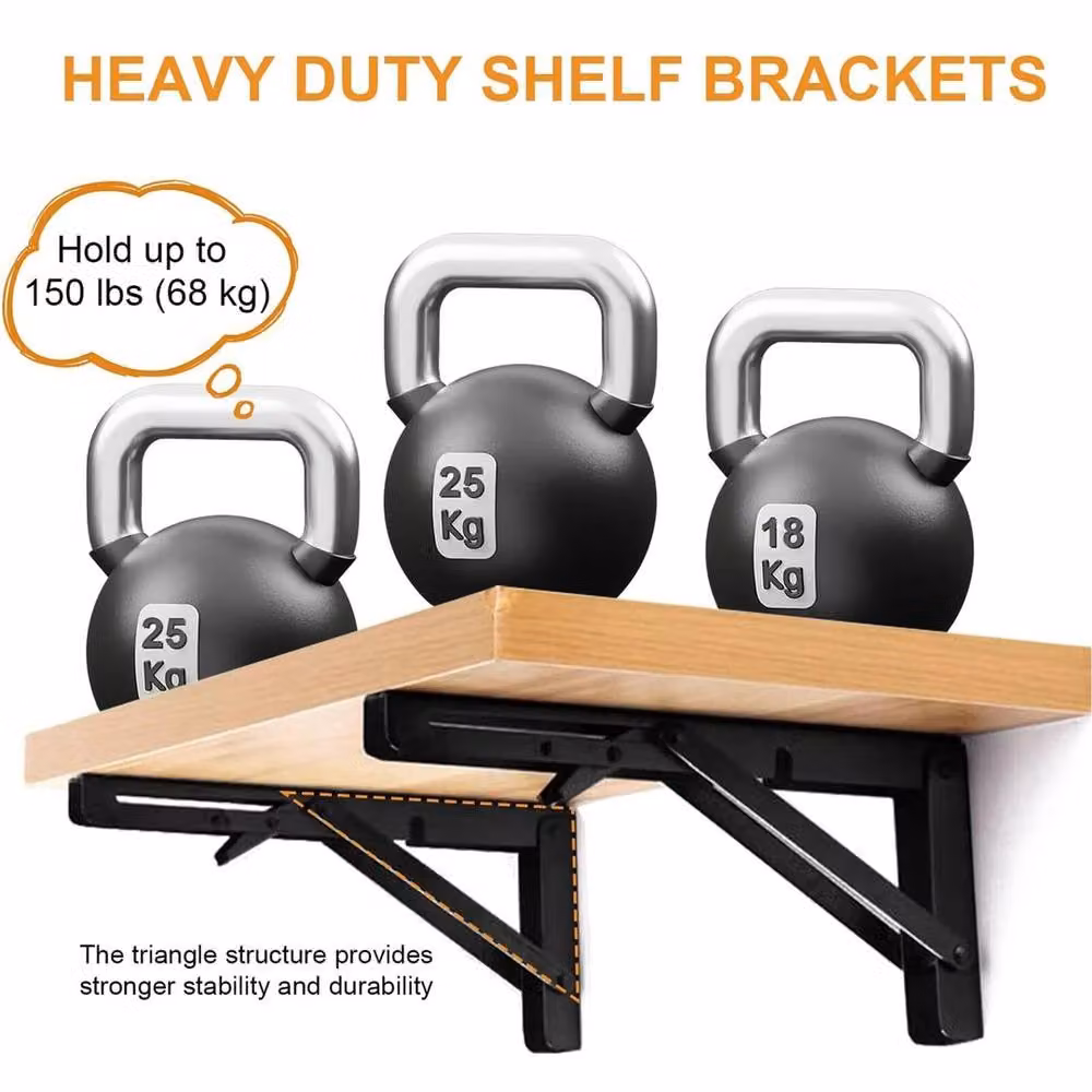 EONLION Heavy Duty Folding Shelf Brackets in Black, Pack of 2 – 3