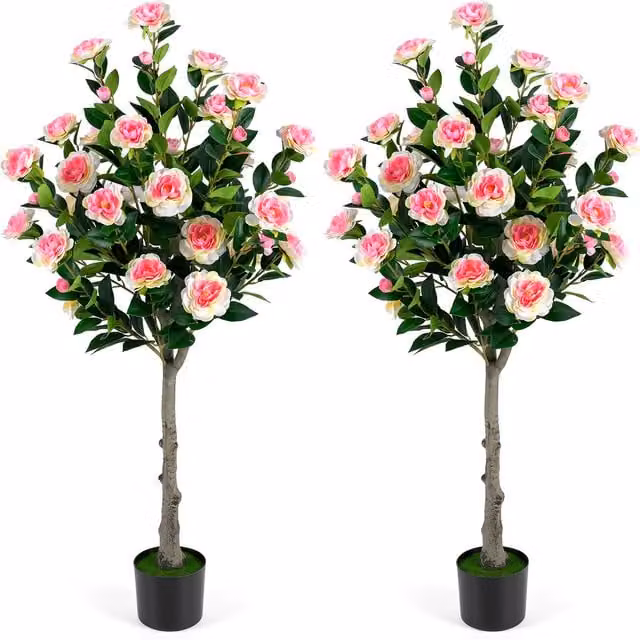 Set of 2 COSTWAY Artificial Camellia Blossom Trees in Green and Pink with Concrete Bases