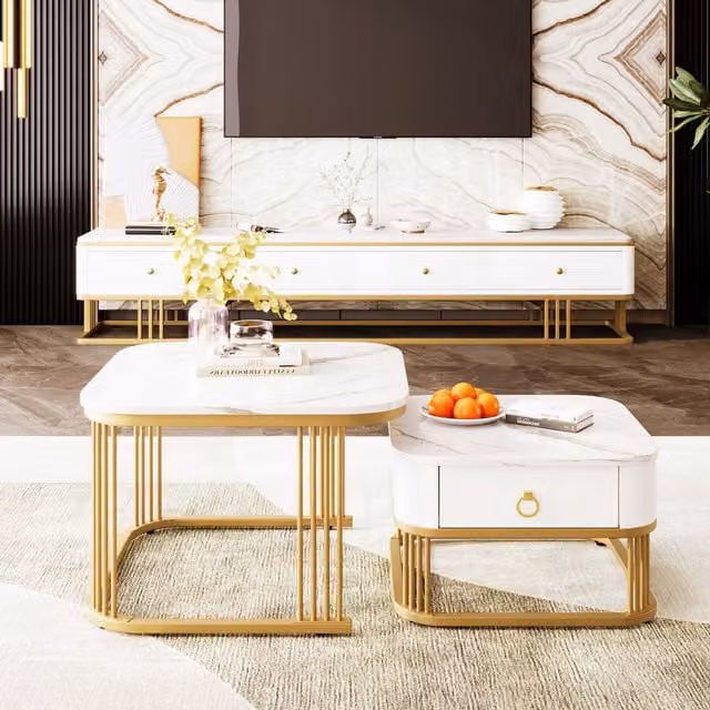Aosom.UK Set of 2 Modern Square Coffee Tables with White Marble High-Gloss Tabletops, W/D/H: 60 x 60 x 42 cm and 50 x 50 x 33.5 cm