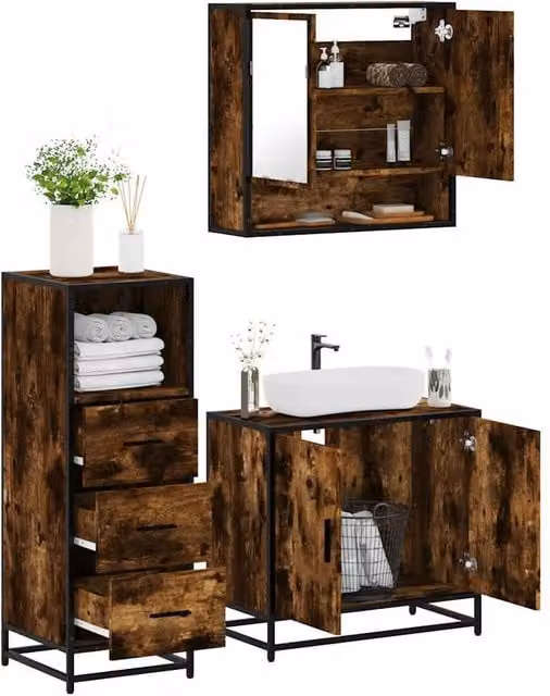 Berkfield Home 3 Piece Industrial Bathroom Furniture Set in Brown Smoked Oak Engineered Wood