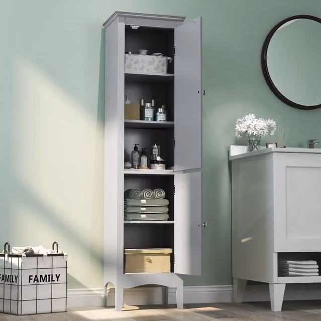 Costway 5-Tier Slim Bathroom Tall Storage Cabinet with 2 Hinged Doors in Grey