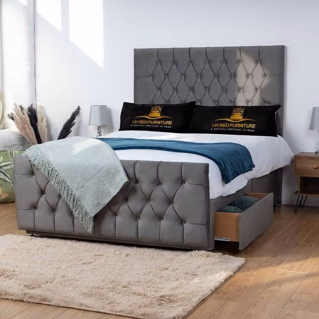 UK Bed Furniture Jubilee Divan Bed with 2 Same Side Drawers and 26 Inch Headboard in Charcoal Grey, Size: King (W/D: 180 x 200 cm)
