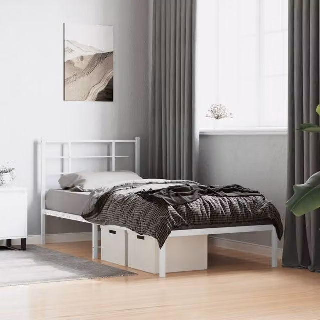 Berkfield Home Metal Bed Frame with Headboard in White, W/D/H: 90 x 190 cm