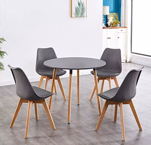 KOSY KOALA Round Dining Table and 4 Chairs Set in Grey, W/D/H: 90 x 90 x 75 cm