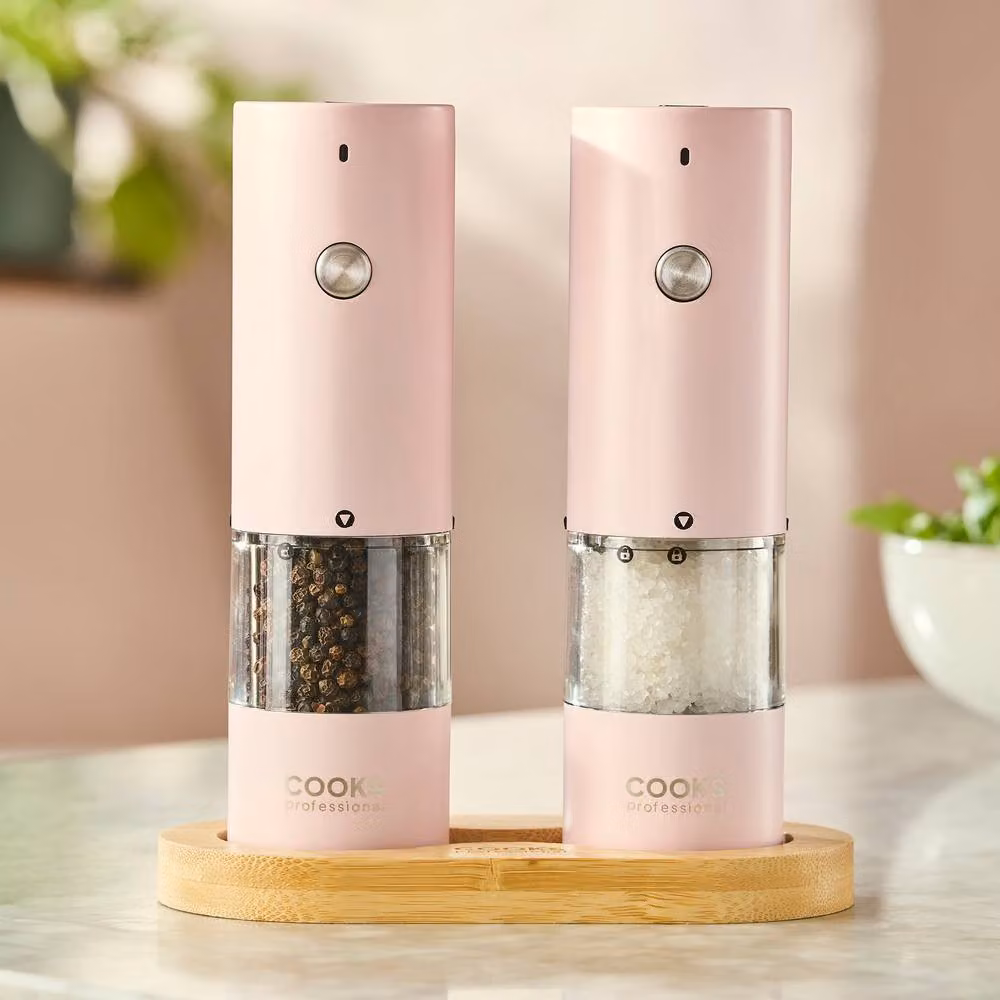 Cooks Professional Rechargeable Salt and Pepper Mill Set with Bamboo Base in Pink – 2