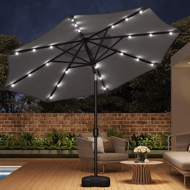 Livingandhome Solar LED Patio Parasol with Square Base in Grey and Beige Polyester