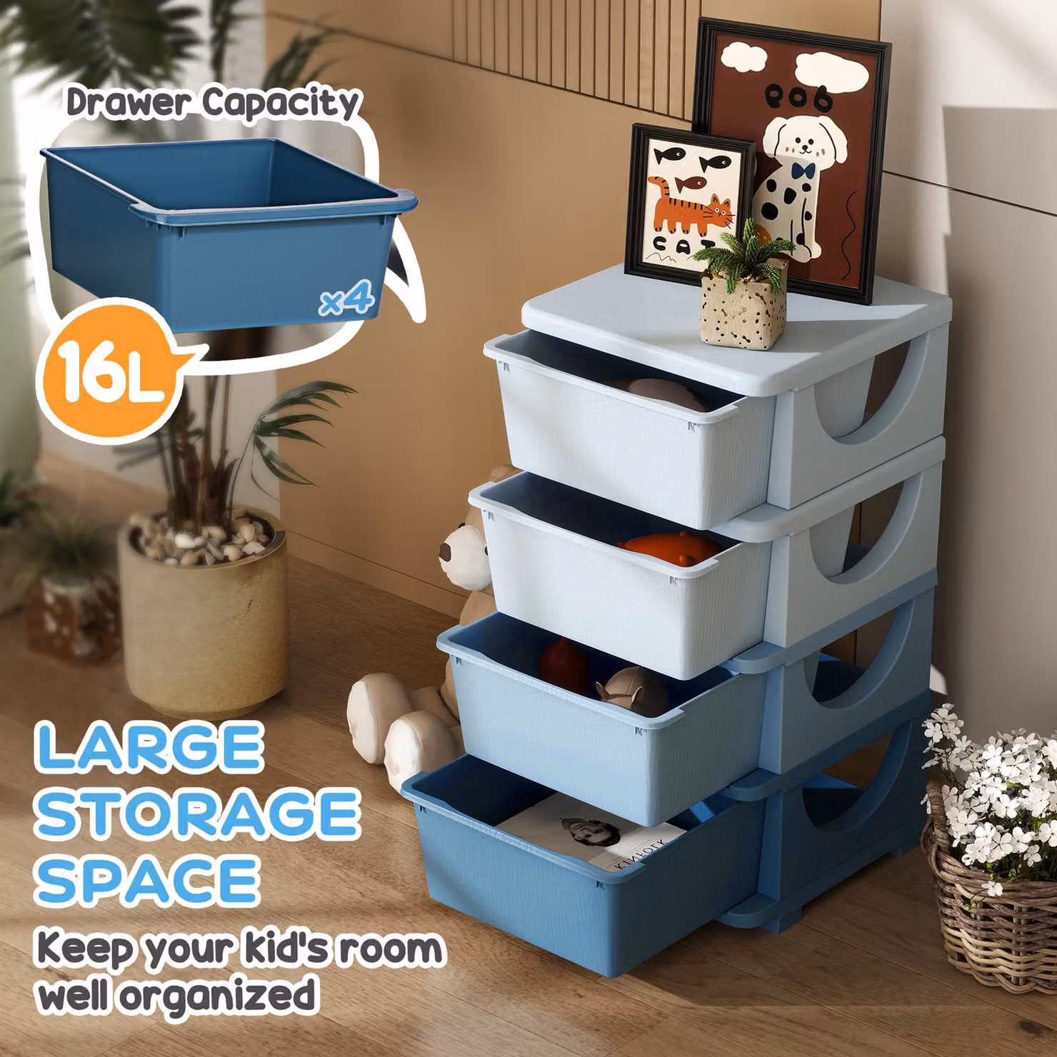 HOMCOM Four-Tier Kids Storage Unit with Four Drawers in Blue – 3