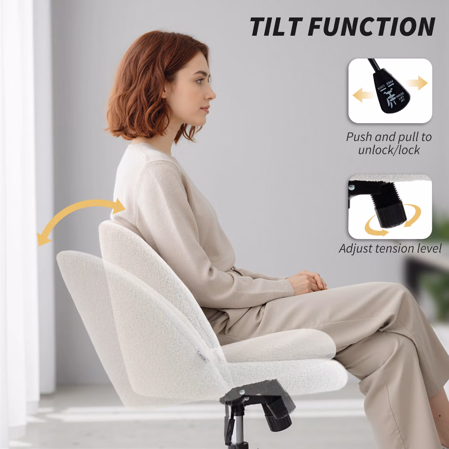 HOMCOM Modern Bouclé Task Chair with Castors and Weight Adjustment, White – 2