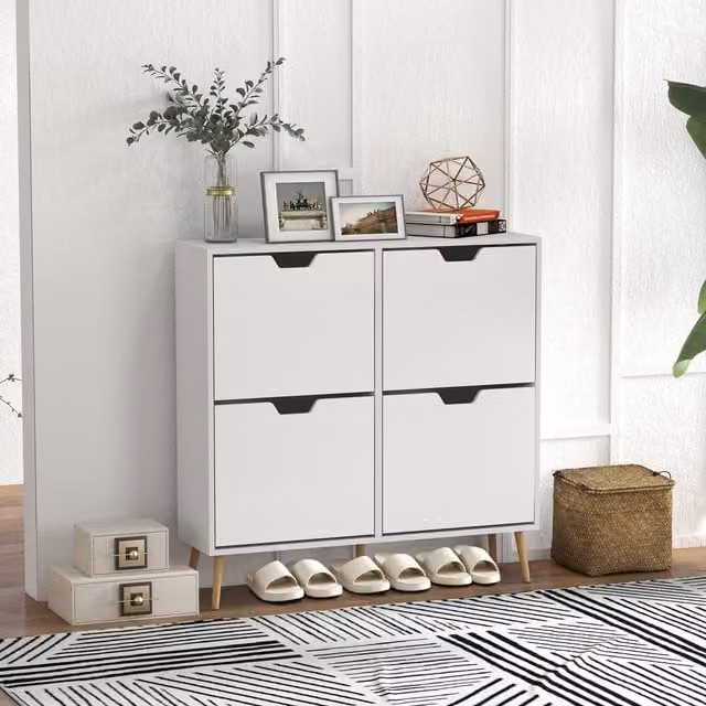 HOMCOM White Scandinavian Shoe Storage Cabinet with 4 Tilting Compartments for 16 Pairs of Shoes