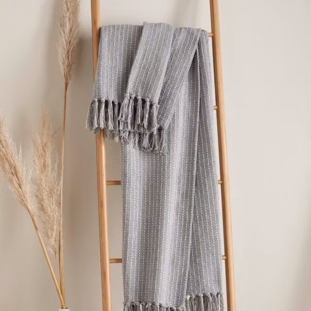Drift Home Quinn Woven Striped Cotton Throw with Fringes in Grey, W/D/H: 200 x 200 x 1 cm
