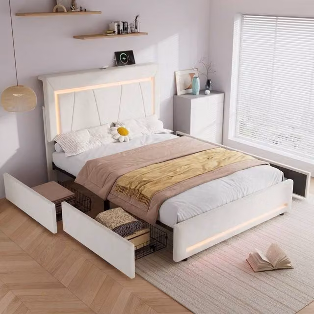 STILVORA Modern Beige Velvet Upholstered Double Bed with Storage Drawers and USB Charging Port, W/D/H: 140 x 200 cm – 1