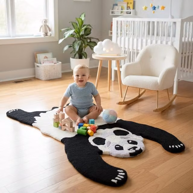 Orsina Kids Panda Hand-Tufted Round Rug in Black and White, Diameter: 100 cm – 1