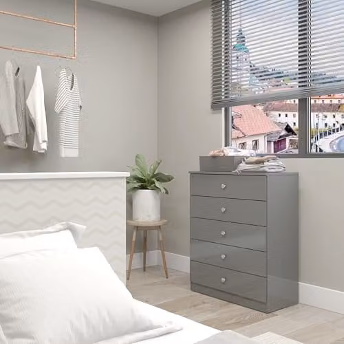 Seconique Denver 5 Drawer Chest in Grey Gloss W/D/H: 75 x 36 x 90 cm