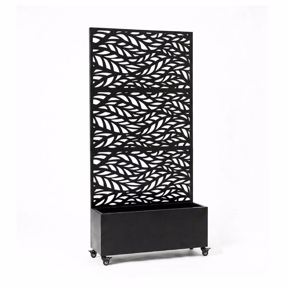 Nicoman Metal Indoor Outdoor Privacy Screen with Plant Pot, Leaf Pattern, Black, H 180 x W 90 x D 40 cm – 2