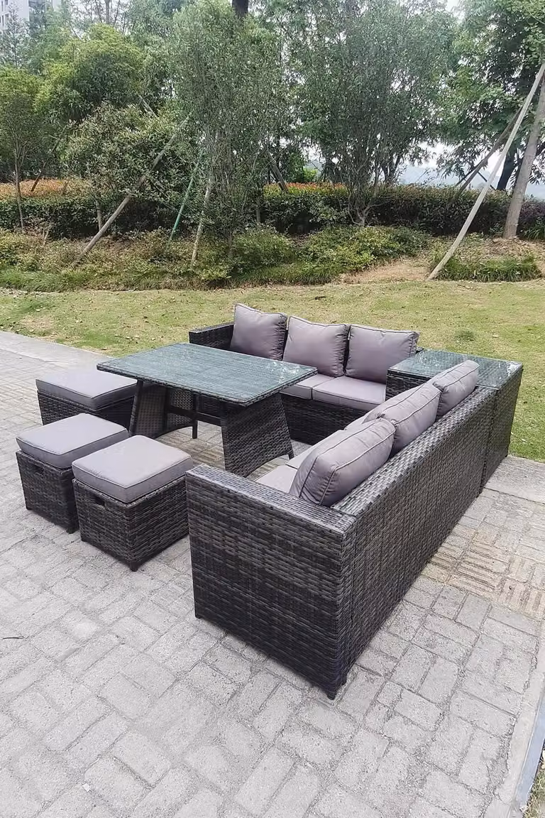 Fimous Lounge Rattan Garden Furniture Set with Dining Table and Large Footstools in Dark Grey