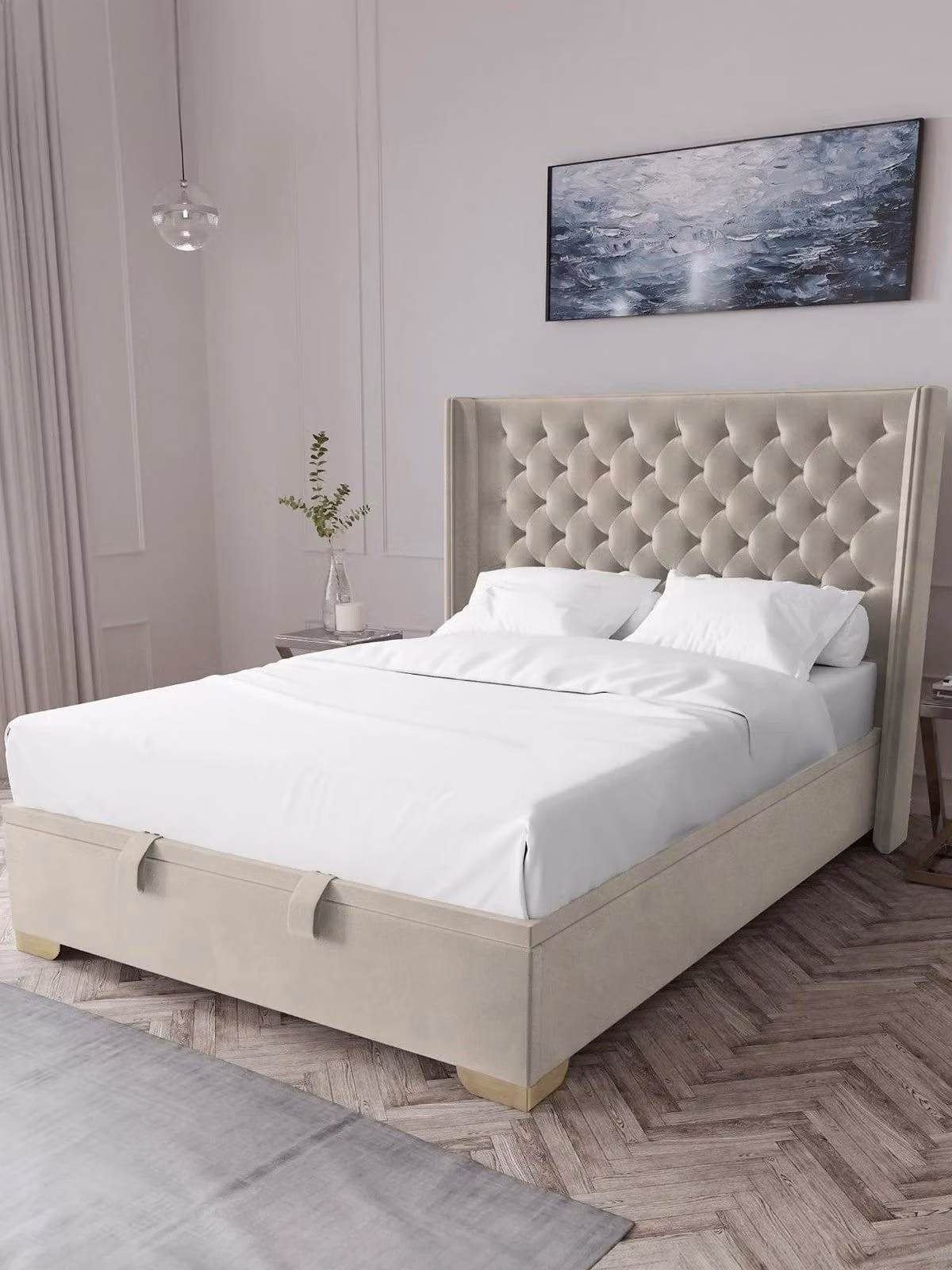 Franklin Velvet Lift Up Ottoman Bed Double Beige