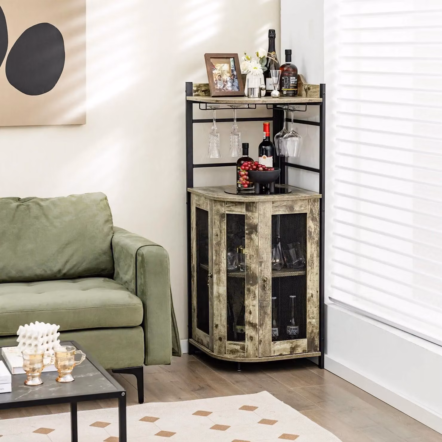 Costway Industrial Kitchen Corner Bar Cabinet with Glass Doors in Brown – 4