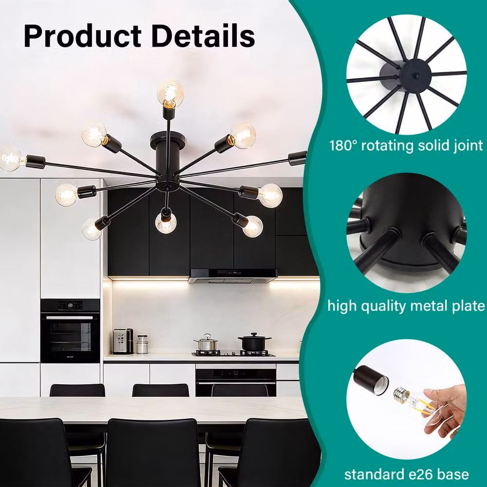 INMTFEI Black 10-Light Sputnik Ceiling Light Modern Industrial Metal Chandelier with E26 Base – 4