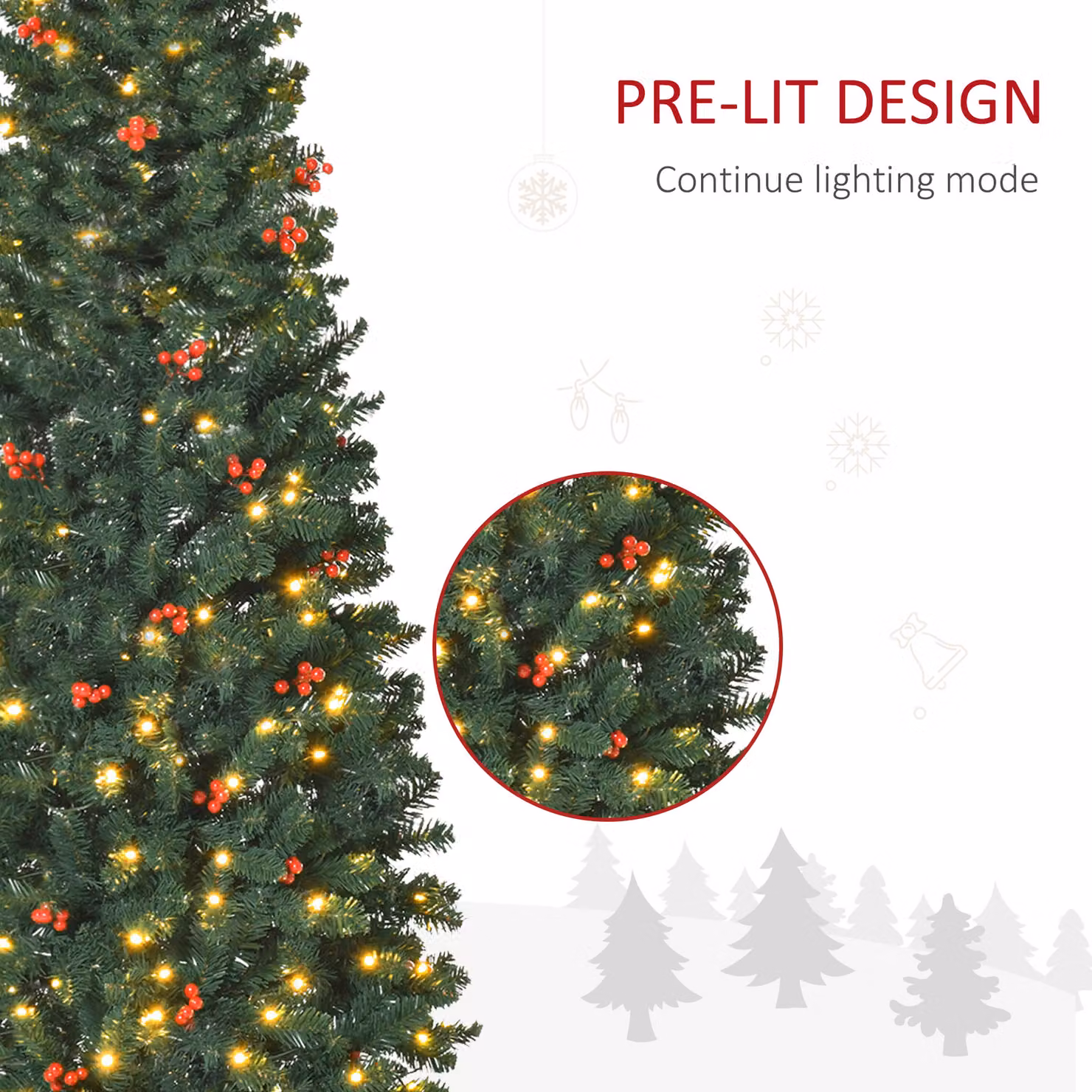 HOMCOM 6ft Prelit Artificial Pencil Christmas Tree with Warm White LED Lights and Red Berries, Green – 5