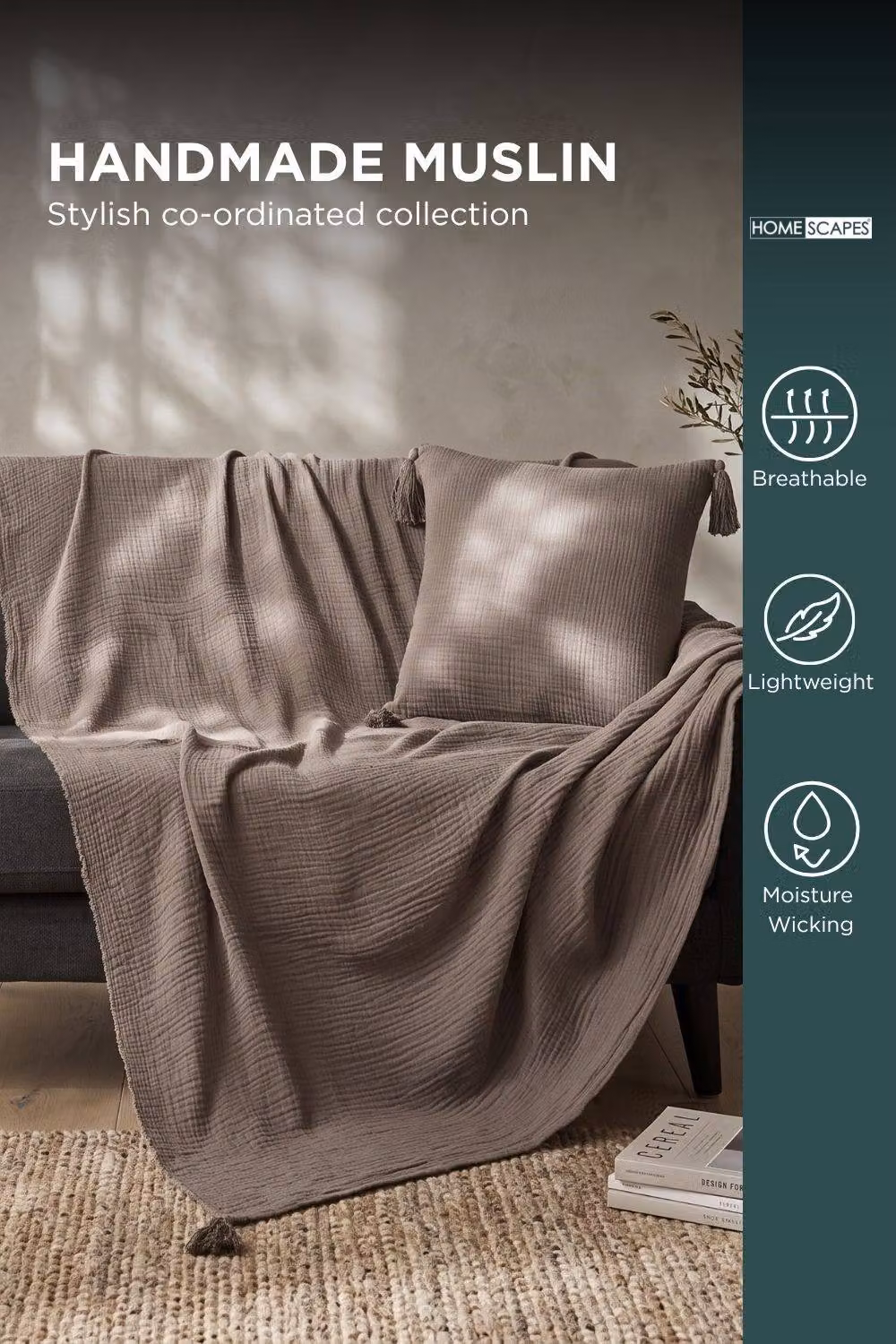Homescapes Charcoal Grey Cotton Muslin Square Cushion with Removable Cover, W/D/H: 45 x 45 x 45 cm – 3