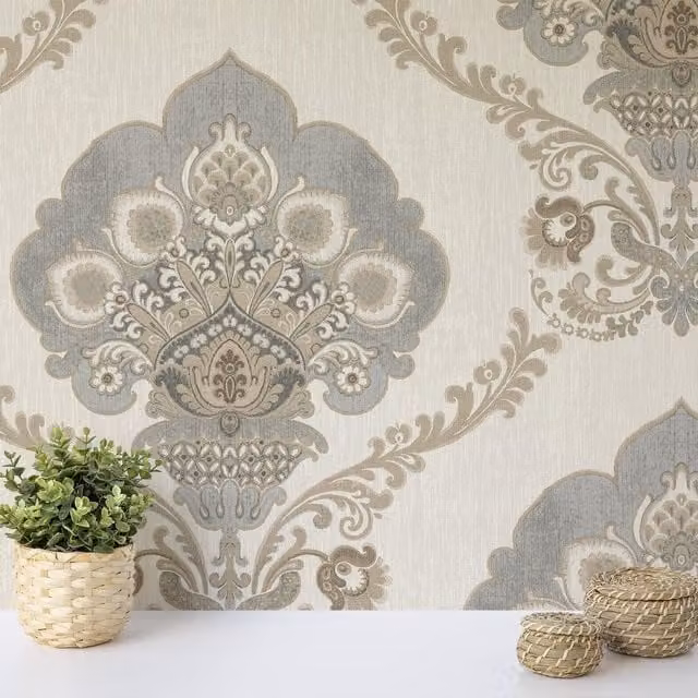 Wallquest Chatsworth Classic Damask Floral Abstract Wallpaper in Grey, White, Blue and Gold