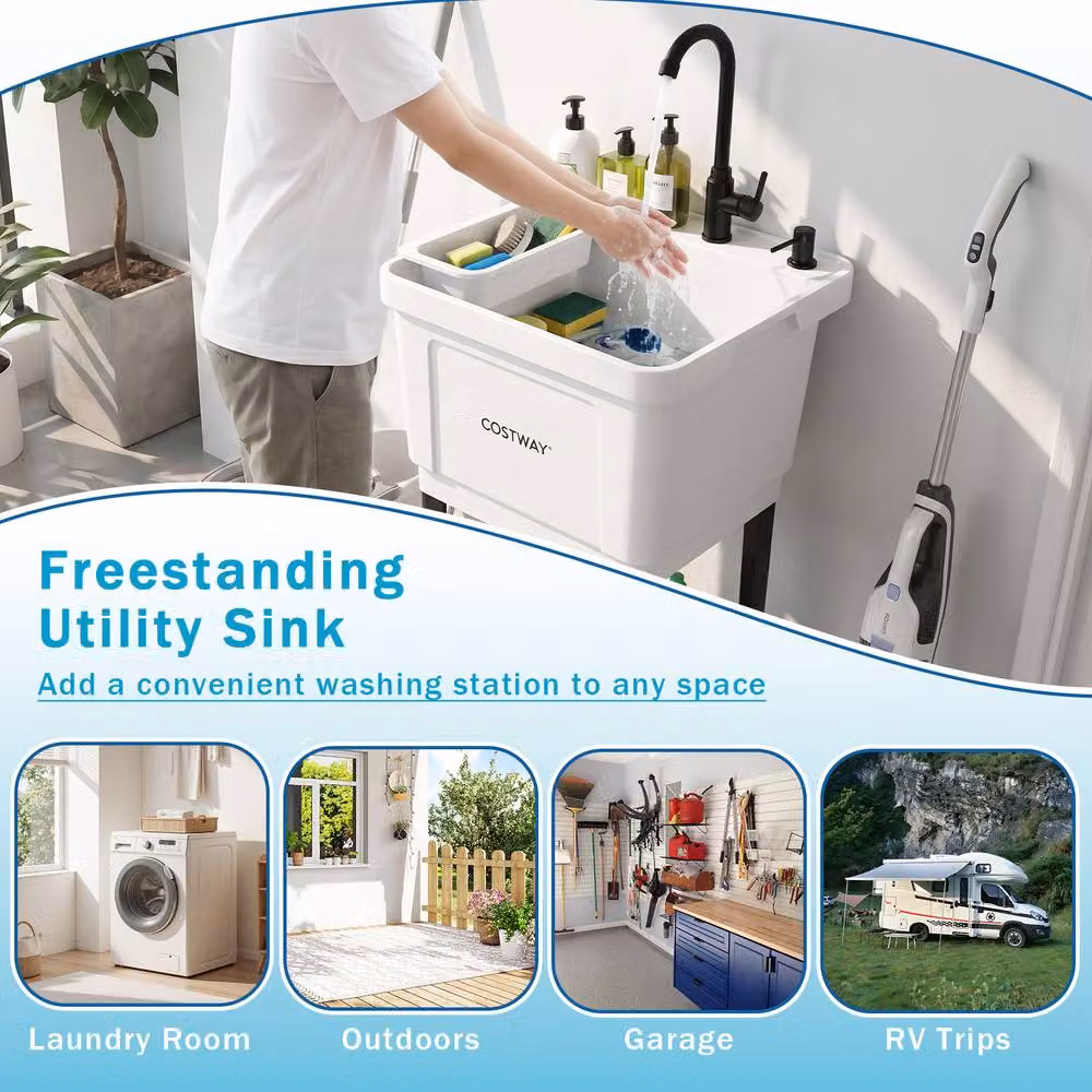 Costway 100L Utility Laundry Sink with Rotating Faucet in White – 5