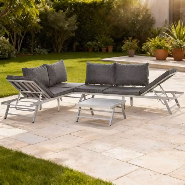 ERGOVEXA 6 Seater Grey L-Shape Garden Furniture Set with Upholstered Cushions and Powder Coated Steel Frame
