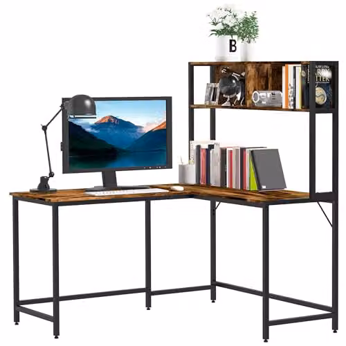 HOMCOM Industrial L-Shaped Corner Work Desk with Storage Shelf, Brown – 9
