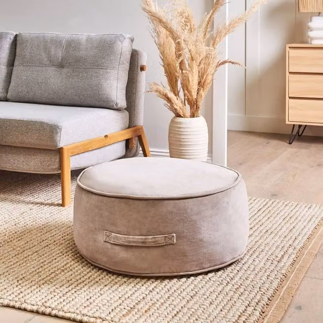 Wyld and Coco Glam Velvet Round Ottoman Pouffe in Brown, Diameter: 60 cm, Height: 25 cm