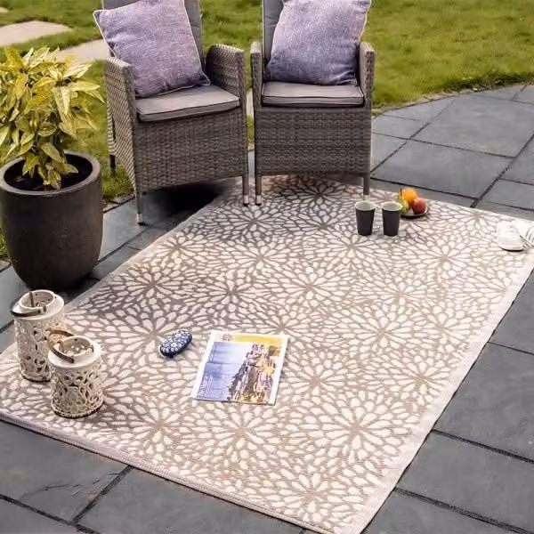 Marco Paul Bloom Mocha Floral Outdoor Garden Rug in Beige, W: 150 cm, L: 210 cm – 1
