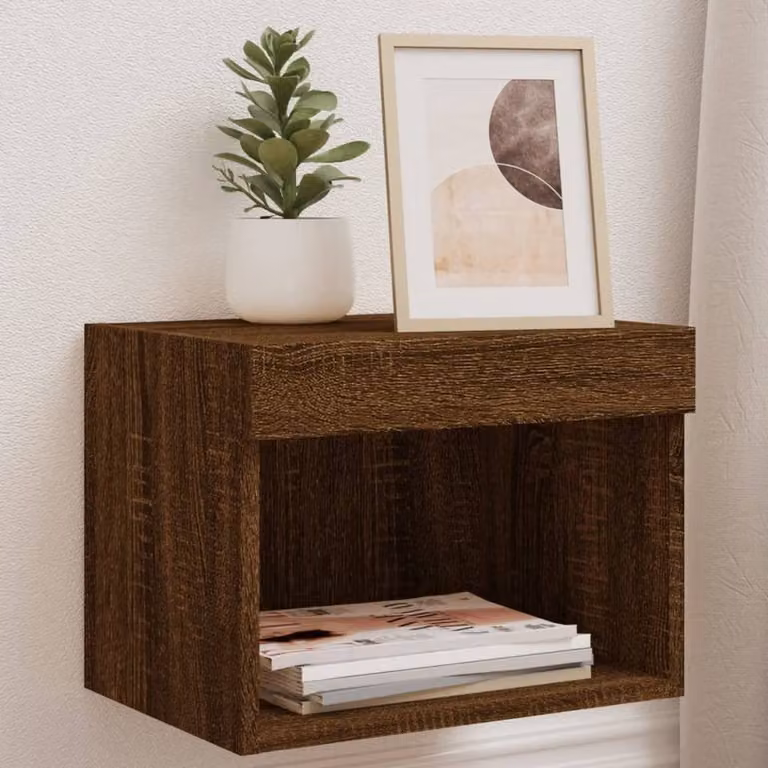 Berkfield Home Set of 2 Wall-Mounted Decorative Bedside Cabinets with Integrated LED Lights in Brown